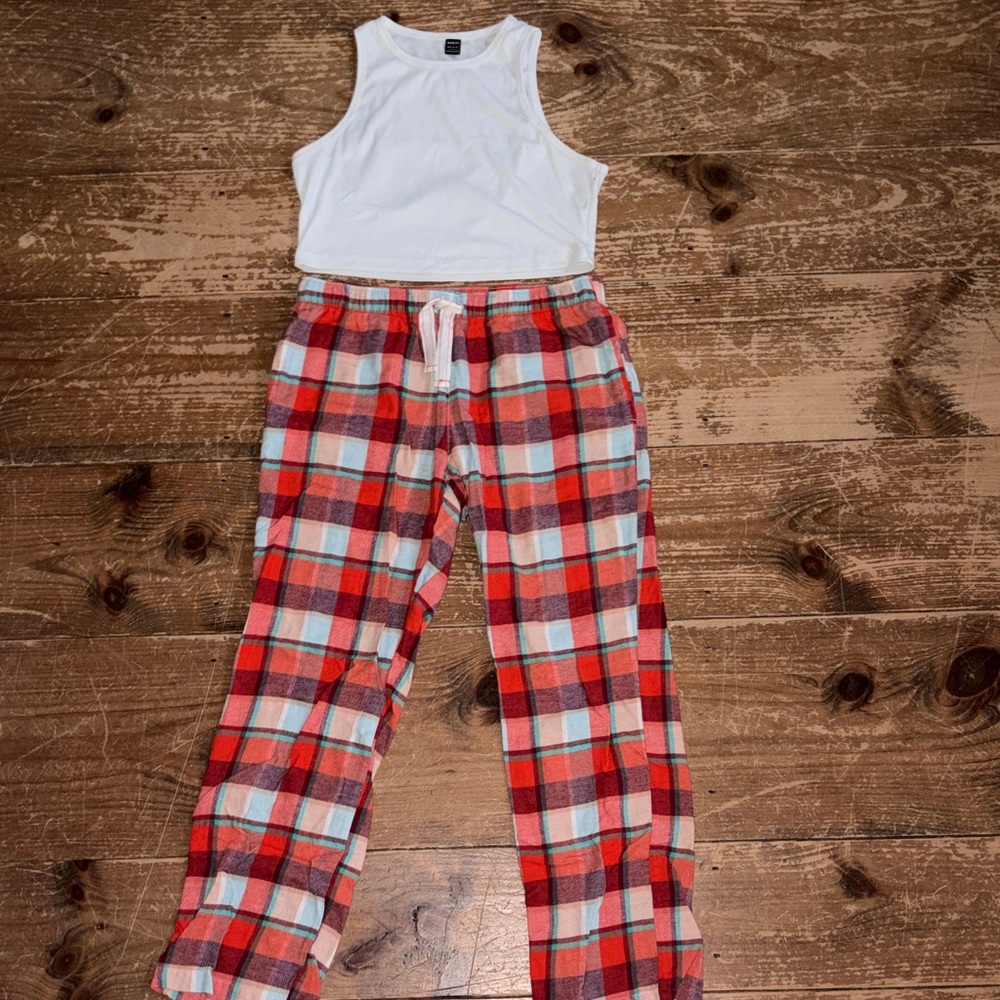 Old Navy White Tank and Red Plaid Pajama Pants